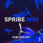 SpribeWin Game red airplane logo with APKLAND.NET branding on a dark background.