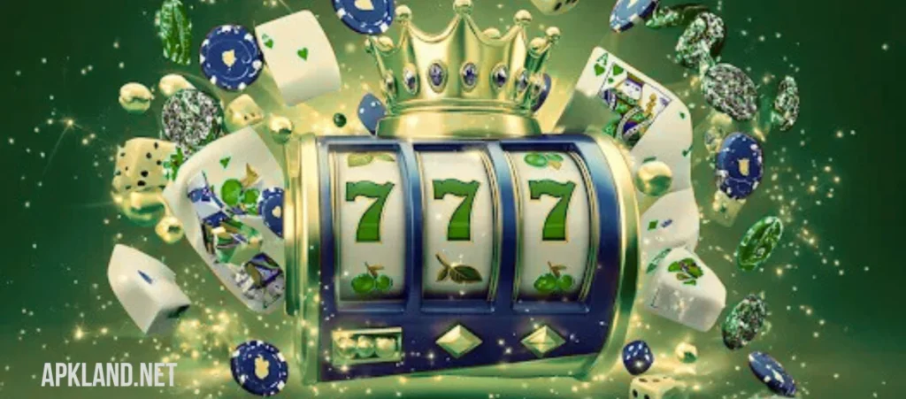 777AD Game slot machine with golden crown, dice, poker chips, and cards in a sparkling casino background.