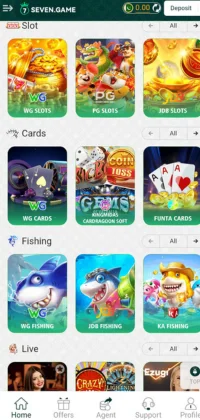 7 Game APK game categories screen featuring slots, cards, and fishing games like WG Slots, PG Slots, and JDB Fishing