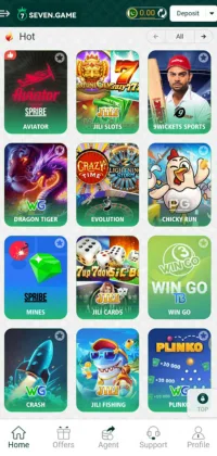 7 Game APK main screen showing top trending hot games including Aviator, JILI Slots, Cricket Sports, and more
