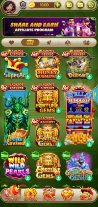 Pak Super Game slot selection screen featuring popular games like Super AR, Money Coming, and Treasure Delight with jackpot amounts.