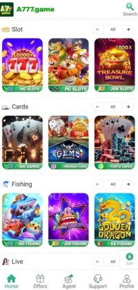 A777 Game slot, card, fishing, and live game categories on the A777 Game platform