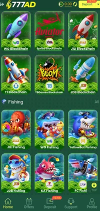 777AD Game category screen displaying blockchain games and fishing games including WG Blockchain, JILI Blockchain, Yellowcat Fishing, and more.