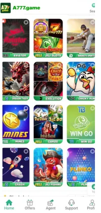 A777 Game app home screen featuring Aviator, Crazy777, Dragon Tiger, Mines, and more game icons