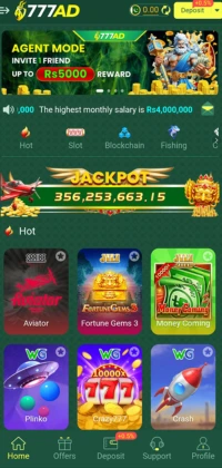 777AD Game home screen featuring jackpot, top games like Aviator, Fortune Gems, Money Coming, and user interface icons.