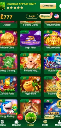 7e777 Game app displaying a grid of colorful slot and casino games