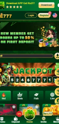 7e777 Game homepage showing jackpot, bonus offer, and game menu