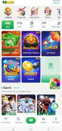 92 PKR App slot and casino game categories featuring JILI, PG, Fortune Gems 2, and Money Coming