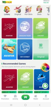 92 PKR App main game interface showing Aviator, Dragon Tiger, Air Combat, and Cricket games