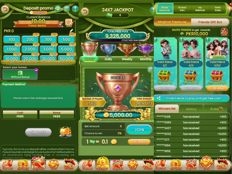 Pak Super APK deposit screen showing jackpot pool, deposit options, referral rewards, and winner list.
