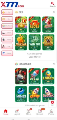 x777 Game slot and blockchain categories interface with multiple game icons like Aviator, PG Slot, and SpaceX.