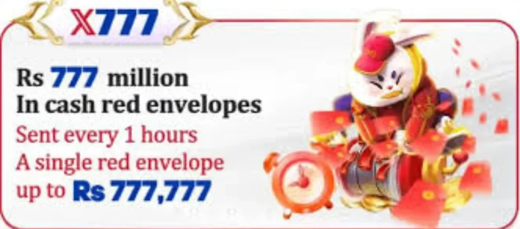 X777 Game red envelope reward offer with animated bunny and alarm clock illustration.