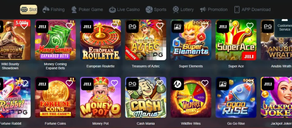 PKZZ Game slot games interface showing a wide variety of colorful and exciting casino games like Roulette, Treasure of Aztec, and Fortune Coins