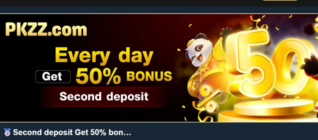 PKZZ Game daily bonus banner showing 50% second deposit offer with animated panda and golden coins