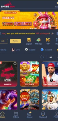 SpribeWin home screen featuring Aviator, JILI Slots, and sports betting with a 10,000 bonus banner.