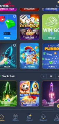 SpribeWin Game interface showing popular games like WG Crash, JILI Fishing, Plinko, and Blockchain games.