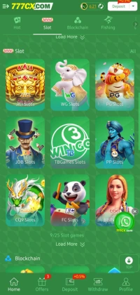 777CX Game slot games screen featuring various slot providers like JILI, WG, PG, and more.