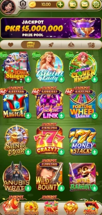 Pak Super Game slot machine lobby with colorful casino game icons and a PKR 15,000,000 jackpot banner.