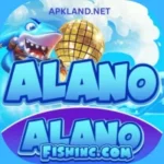 Alano Fishing Game vibrant logo with cartoon shark and golden disco ball.