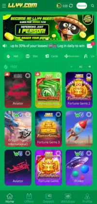 LLYY Game lobby showing top trending games like Aviator, Fortune Gems, and Plinko.