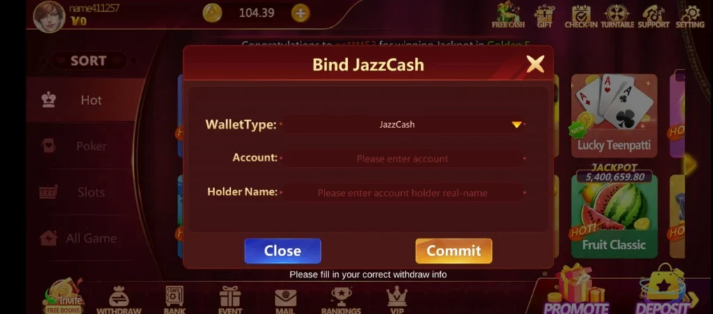 Nova Patti JazzCash withdrawal binding screen