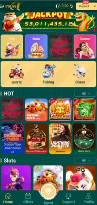 PSL88 gaming platform with a jackpot banner, categories including Slots, Casino, Sports, Fishing, and featured hot games