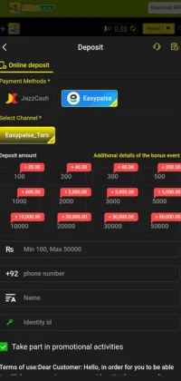 BBA777 Game deposit screen with Easypaisa and JazzCash payment options.
