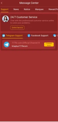 777 FE customer support screen with 24/7 service options and Telegram/Facebook support links