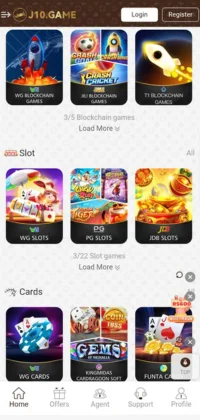 J10 Slot and Blockchain Games Interface Featuring WG, PG, JDB Slots, and Cards