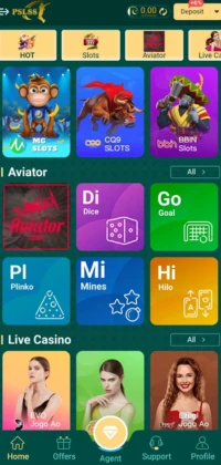 PSL88 mobile gaming interface showing slot games, Aviator, Dice, Mines, and Live Casino options.