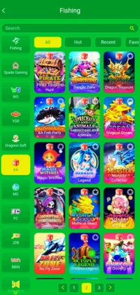 Alano Fishing Game page showing more fishing arcade games in a green and yellow themed UI.