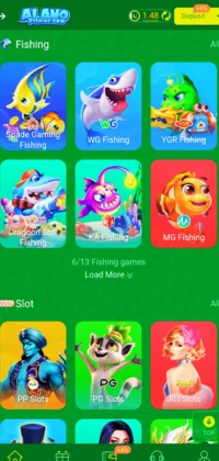 Alano Fishing Game Menu Showing Popular Fishing and Slot Games