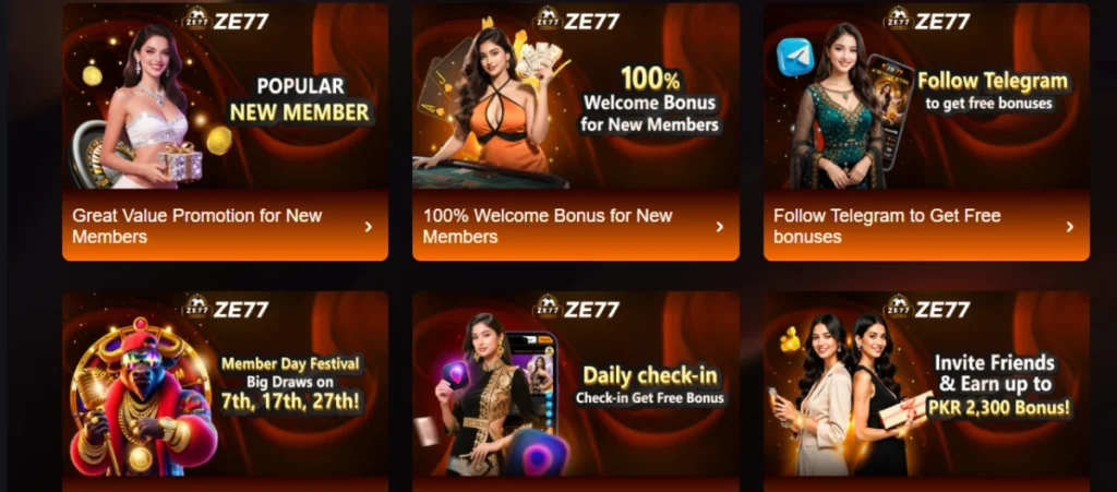 ZE77 Game – Promotional Banners Featuring Welcome Bonuses, Daily Check-ins, Festival Draws, and Referral Rewards