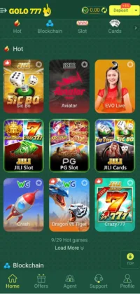 Golo 777 Game hot section with trending games like Aviator, Sic Bo, and Dragon vs Tiger