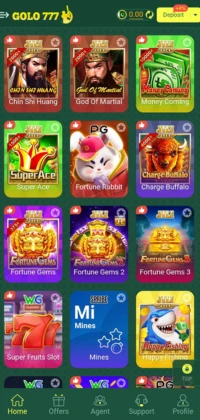Golo 777 Game main lobby showing popular slot and arcade games