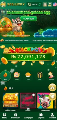 365 Lucky app home screen with golden egg feature, jackpot prize, and multiple gaming options.