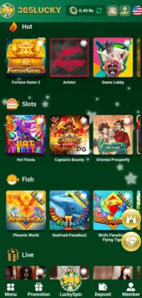 365 Lucky app interface showing various casino game categories like Hot, Slots, and Fish.