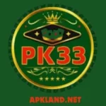 PK33 Game logo featuring a crowned poker chip emblem with red and gold design elements.