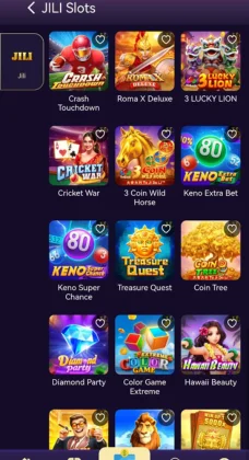 A mobile slot game HAHA777 GAME selection screen displaying various JILI Slots game icons in a colorful grid layout.