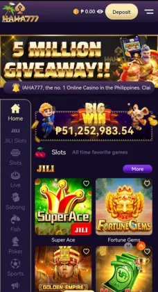 HAHA777 GAME  online casino mobile interface showing 5 million giveaway banner, slot games like Super Ace and Fortune Gems, and total prize pool in PHP currency.