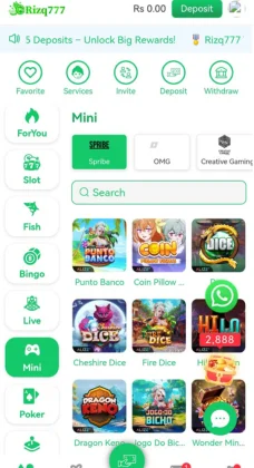 Rizq777 Game interface showing mini-games like Punto Banco, Coin Pillow, Fire Dice, and Dragon Kingdom with deposit options.