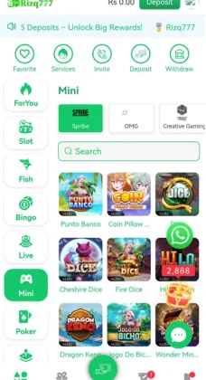 Rizq777 game interface showing mini-games like Punto Banco, Coin Pillow, Fire Dice, and Dragon Kingdom.
