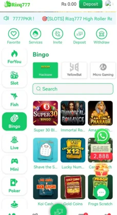Rizq777 game interface showing mini-games like Punto Banco, Coin Pillow, Fire Dice, and Dragon Kingdom.