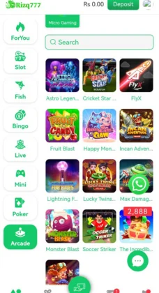 Rizq777 Game Mobile gaming app interface showing various casino and arcade-style games, including Astro Legend, Cricket Star, FlyX, and others, with navigation icons on the left side.
