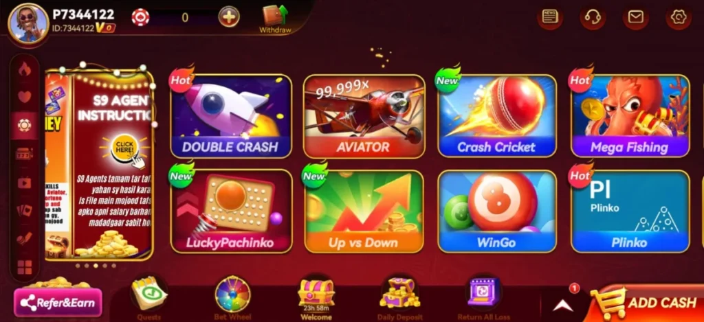 S9 Game home screen featuring popular games like Aviator, Double Crash, Crash Cricket, Mega Fishing, and Plinko.
