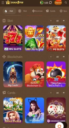 ShahSpin Game app interface showing slot, blockchain, and card game categories.
