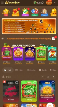 ShahSpin Game mobile app interface showing top games, bonuses, and deposit options.