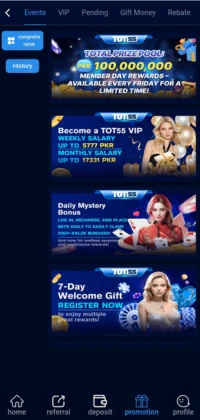 Tot55 Game Bonuses interface on mobile