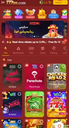 777 Tez Game mobile app home screen displaying hot games like Aviator, Parachute, Chicken Road, and slot categories with colorful icons.