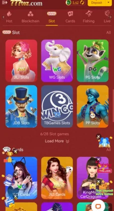 777 Tez Game app interface displaying slot and card game categories such as JILI Slots, WG Slots, PG Slots, JDB Slots, and JILI Cards.